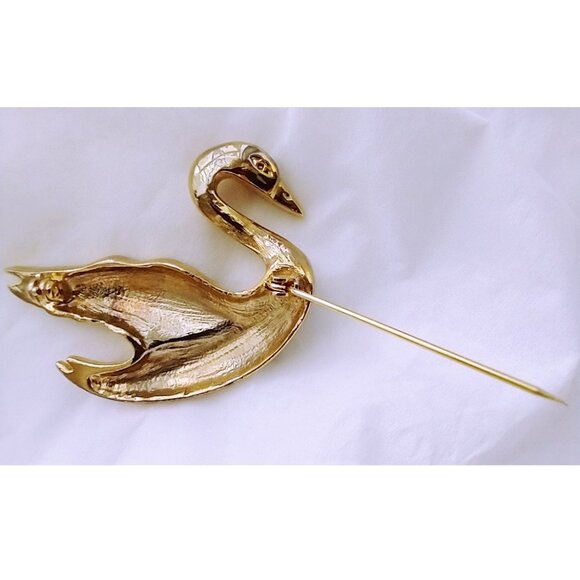 Black Swan Brooch Goldtone Retro 80s Resin Enamel Pavé Rhinestones - Picture 3 of 10